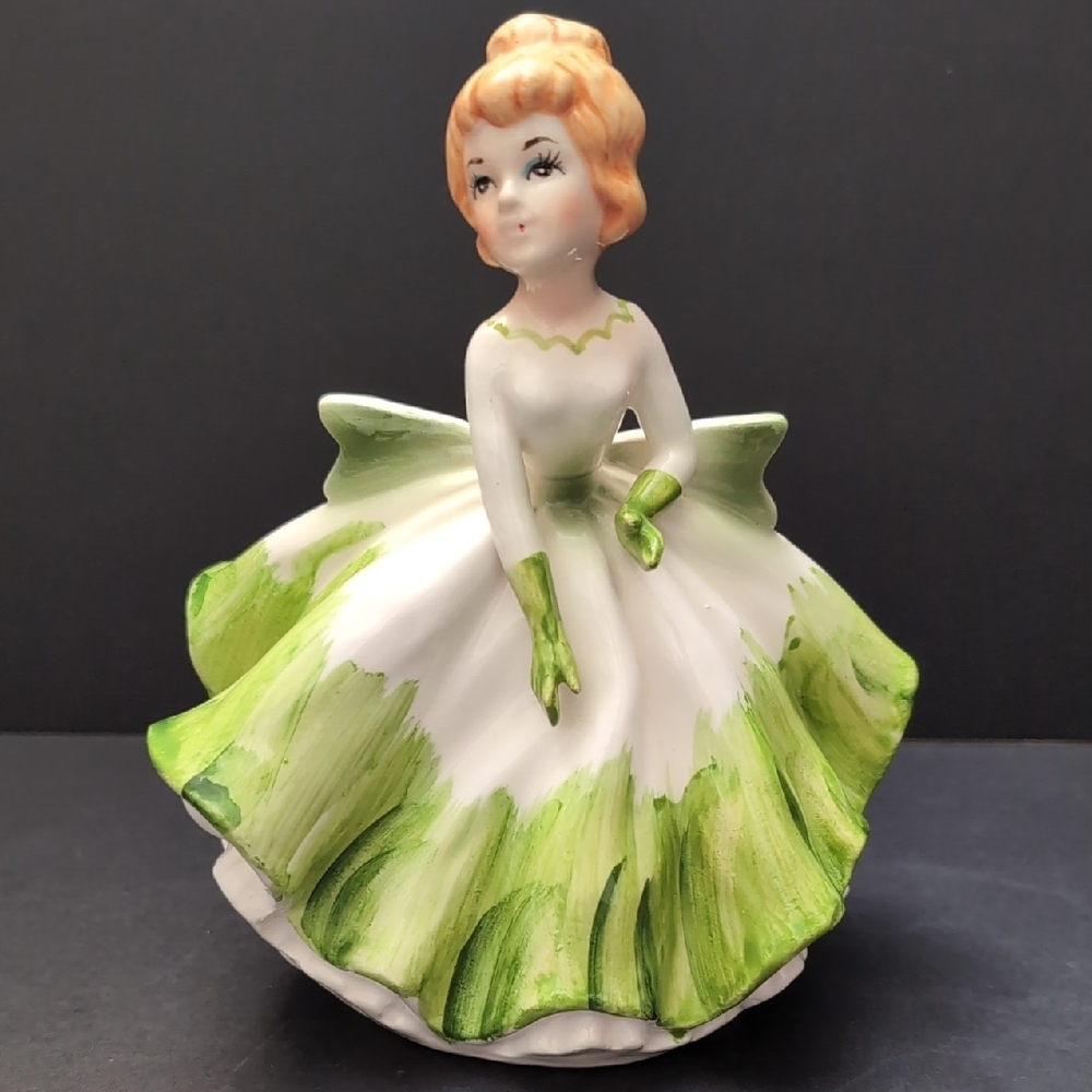 Vintage Relpo Ceramic Lady Planter In Green/White Dress .